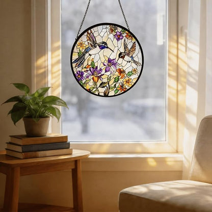 Stained Glass Sun Catcher,HummingbirdsStained Glass Window Hanging Garden Decor,Sun Catchers Indoor Window,Whimsical Decoration for Home Backyard Patio Lawn Porch with 7.9 INCH