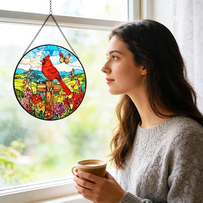Cross Flower Suncatcher Stained Glass Window Hanging, Christian Wildflower Sunset Landscape Sun Catchers Indoor Window Glass Round Wall Decor, Religious Wall Art Hanging Decorations Statues