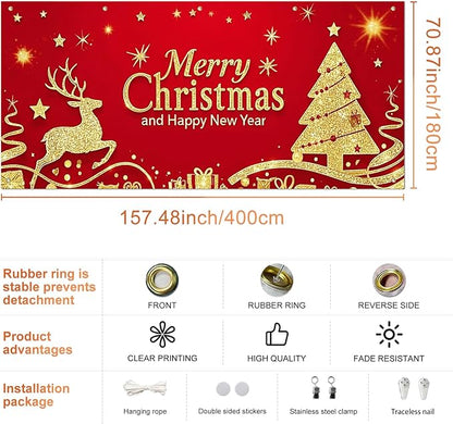 IVN Christmas Garage Door Cover Decoration 13x6ft Santa Glitter Gold Tree Reindeer on Red Holiday Christmas Garage Door Banner Home Garage Door Front Yard Decor for Xmas Eve Holiday Outdoor