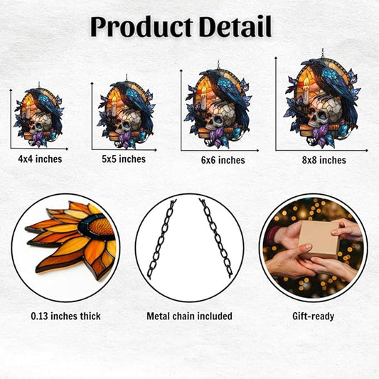 Raven and Skull Acrylic Suncatcher Stained Glass Effect Window Car Hanging Christmas Ornament Indoor Outdoor Decor Garden Sun Catcher Panel for Gothic Lover for Women Mom Grandma