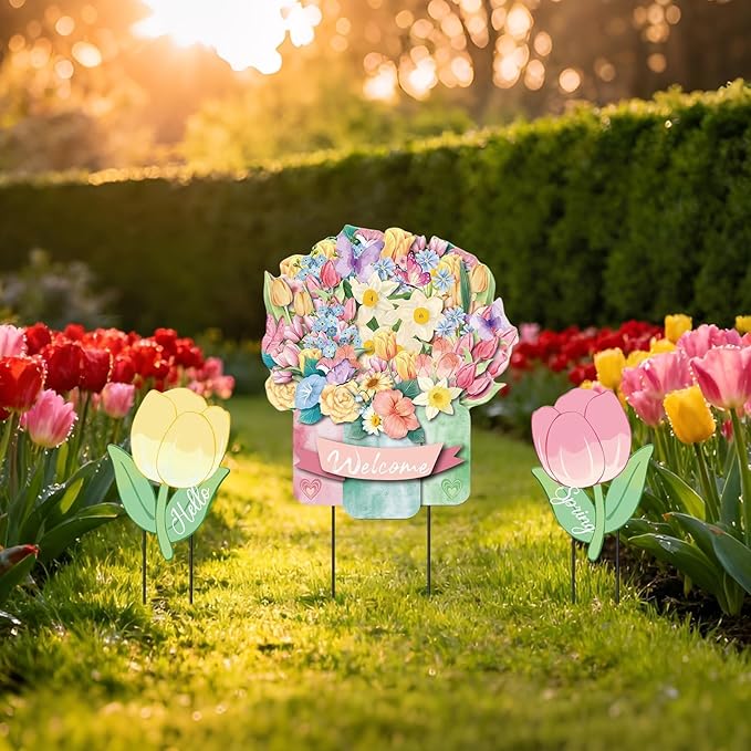 3Pcs Hello Spring Welcome Flower Yard Stakes Metal Floral Outdoor Decor, 2-in-1 Decorative Tulip Flower Sign for Garden Patio Yard Wall Hanging Floral Ornaments with Rope Rustic Spring Decor