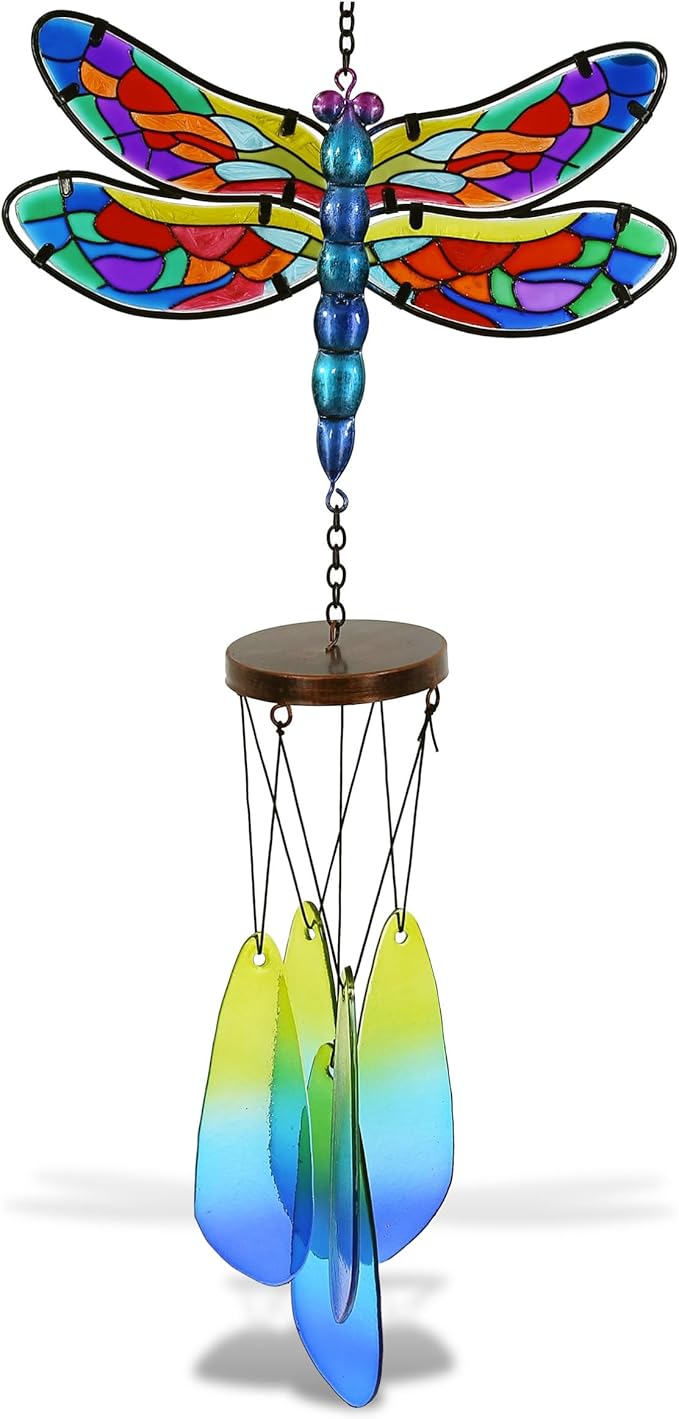 CoTa Global Summer Dragonfly Wind Chime - Handmade Glass and Metal Chime - Wild Life Hanging Decor - Colorful Home Decor Gift, Indoor, Outdoor Hanging Decoration for Porch, Patio, Garden – 22.5 Inch