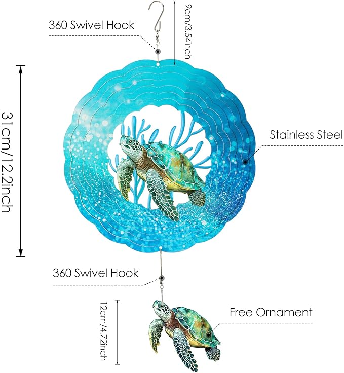 Sea Turtle Wind Spinners Outdoor Clearance - 12 Inches Hanging Stainless Steel Wind Sculpture Patio Lawn Yard Balcony Art Outside Aesthetic Decorations Cute Animal Wind Chime Creative