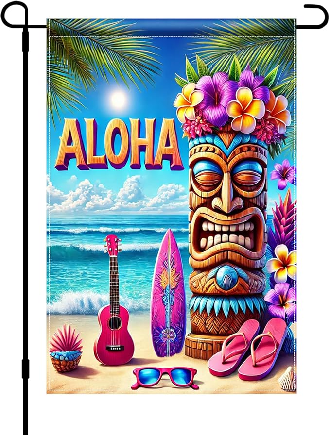 BlissYard Aloha Tiki Garden Flag 12x18 Double Sided Vertical Outdoor Decor Tropical Island Beach Tiki Mask Surf Guitar Summer Yard Garden Lawn Patio Banner