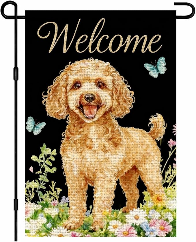 IVN Summer Poodle Dog Garden Flag 12x18 Inch Welcome Poodle Butterflies Wildflowers Double Sided Yard House Flag Seasonal Outdoor Decoration for Outside Home Front Door Lawn Porch Patio Spring Decor