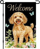 IVN Summer Poodle Dog Garden Flag 12x18 Inch Welcome Poodle Butterflies Wildflowers Double Sided Yard House Flag Seasonal Outdoor Decoration for Outside Home Front Door Lawn Porch Patio Spring Decor