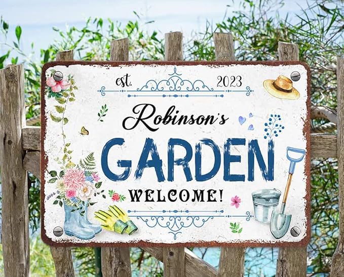 Custom Metal Signs with Name Made in USA Personalized Vintage Garden Sign Waterproof Vintage Decorative Metal Print for Wall Decor Customized Home Garden Ideas Gifts Artwork Prints for Yard Ourdoor