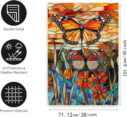Monarch Butterfly Garden Flags for Outside Fall House Flag 28x40 Double Sided Large Stained Glass Floral Yard Flag Spring Summer Decorative Flags Seasonal Lawn Flags Rustic Outdoor Decor
