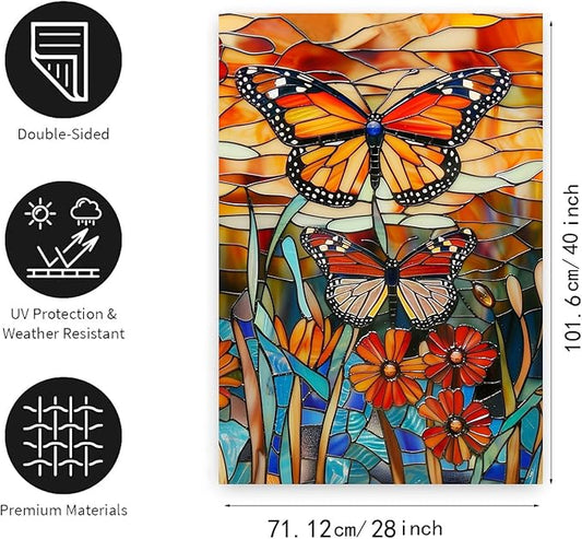 Monarch Butterfly Garden Flags for Outside Fall House Flag 28x40 Double Sided Large Stained Glass Floral Yard Flag Spring Summer Decorative Flags Seasonal Lawn Flags Rustic Outdoor Decor