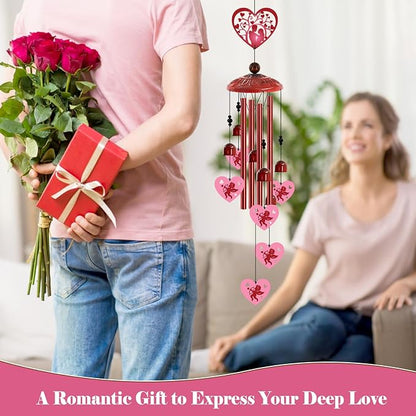 Love Heart Wind Chimes Outdoor,Romantic Metal Wind Chime for Couples – Valentine’s Day Anniversary Wedding Gift for Wife & Husband, Cupid & Couple Garden Porch Decor (Red)