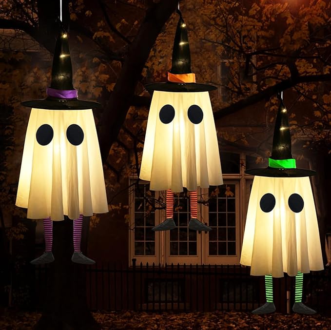 Set of 3 Halloween Hanging Ghosts,Halloween Decorations Outdoor Hanging Ghosts with Witch Hat,Glowing Ghost Witch Hat Light, Halloween Ghost Decor for Yard Patio Garden Tree Outside(3 Ghost Lighted)