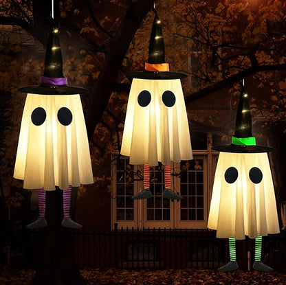 Set of 3 Halloween Hanging Ghosts,Halloween Decorations Outdoor Hanging Ghosts with Witch Hat,Glowing Ghost Witch Hat Light, Halloween Ghost Decor for Yard Patio Garden Tree Outside(3 Ghost Lighted)