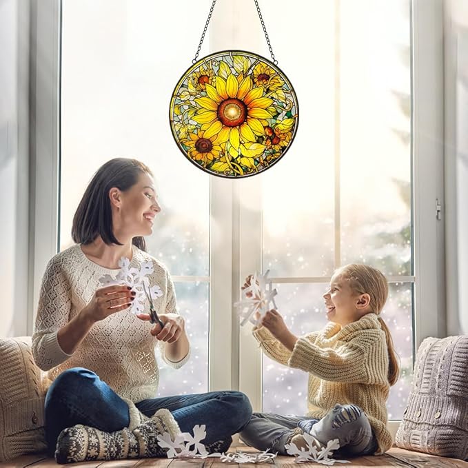 Sunflower Decor Suncatcher Stained Glass Window Hanging - 8” Handmade Suncatchers for Windows Hanging - Sun Catchers Wall Home Garden Decor Glass Panels - Mothers Day Birthday Gifts for Mom Grandma
