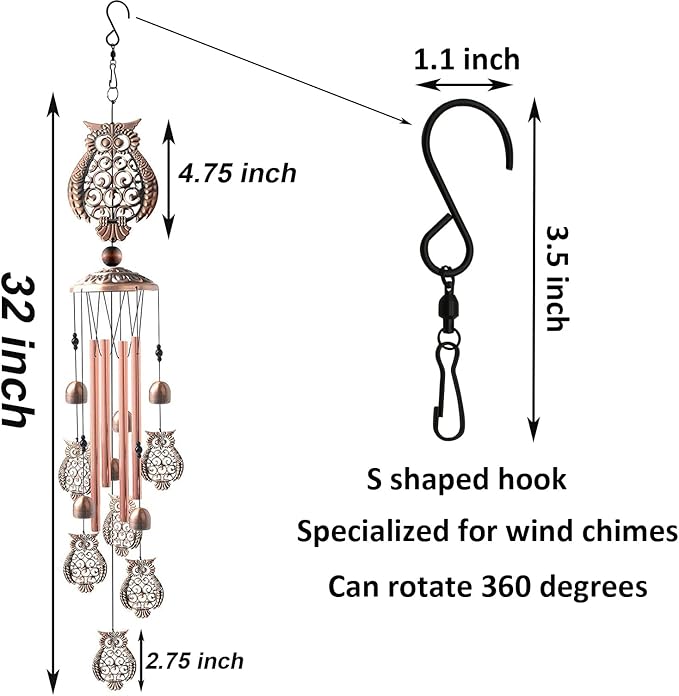 Maydahui Owl Retro Metal Wind Chime (32 Inch H) Memorial Wind Bell Animal Windchime with S Shaped Hook for Indoor and Outdoor Decor Unique Gifts Garden Party
