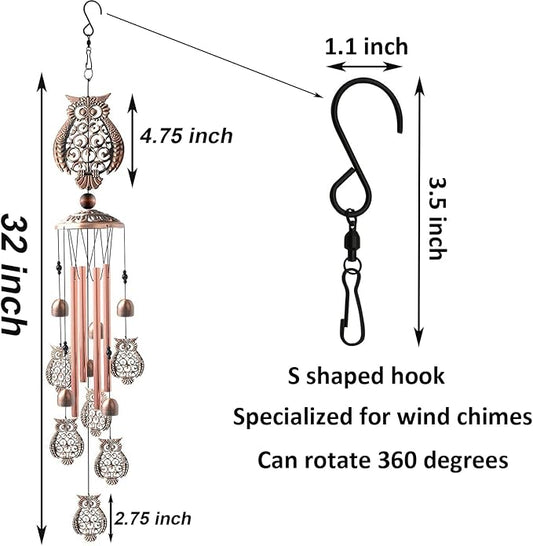 Maydahui Owl Retro Metal Wind Chime (32 Inch H) Memorial Wind Bell Animal Windchime with S Shaped Hook for Indoor and Outdoor Decor Unique Gifts Garden Party