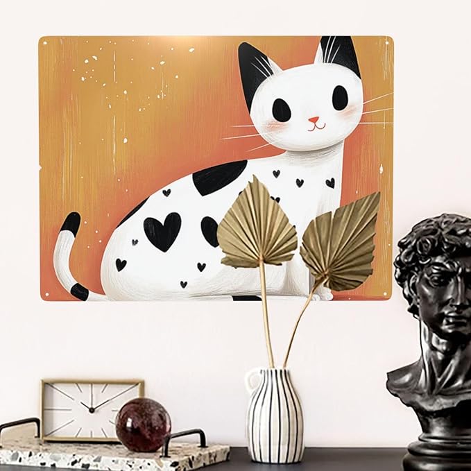 White cat with black heart shaped spots Tin sign,Metal Signs art wall Decor,Exquisite artistic plaque poster,for living room,cafe,Yard,Patio,Bedroom,gifts for Pet Lovers,12x16 Inch