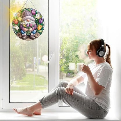 VAIIEYO Gnome Sun Catcher Stained Glass Window Hanging Ornament, Handmade Sun Catcher Spring Tulips Decoration with Hooks for Window Garden Home, Mother's Day & Birthday Housewarming Gift (7.8 inch)