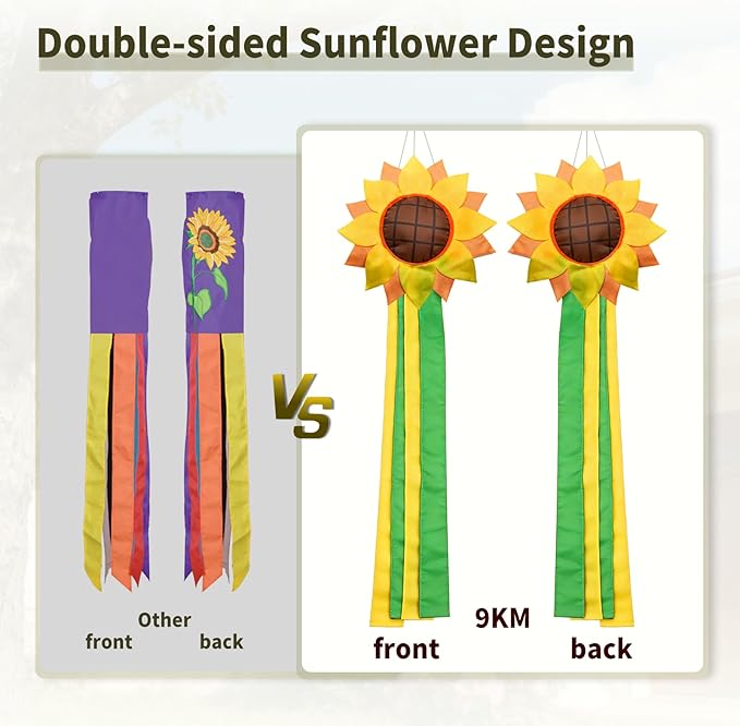 9KM DWLIFE Sunflower Windsock for Outside – 42 Inch Outdoor Windsock Hanging Decor | Durable Polyester Garden Wind Sock Flag for Yard, Patio, Deck, Porch Seasonal Decoration