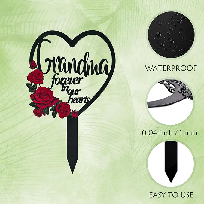 AIM & GGKK Memorial Stake for Grandma - Metal Heart Grave Marker with Red Roses, Memorial Plaque Cemetery Decor for Grave, Garden, Gravesite