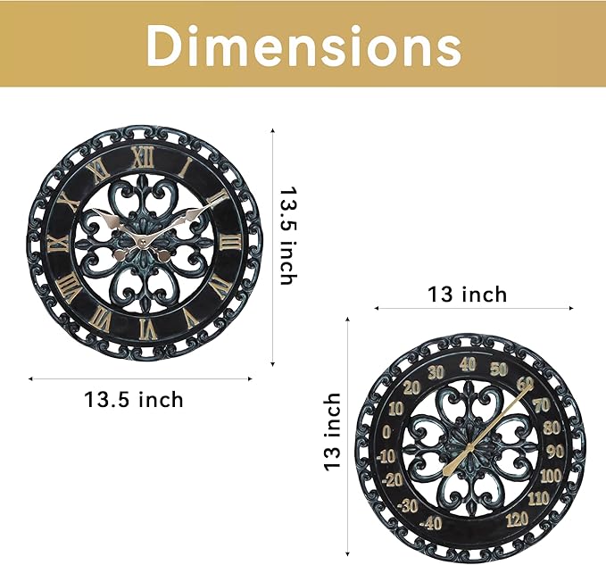 Lily's Home Hanging Verdigris Wall Clock and Dial Thermometer Set, Ideal for Indoor and Outdoor Use, Makes a Great Housewarming Gift, Black (13 Inches)