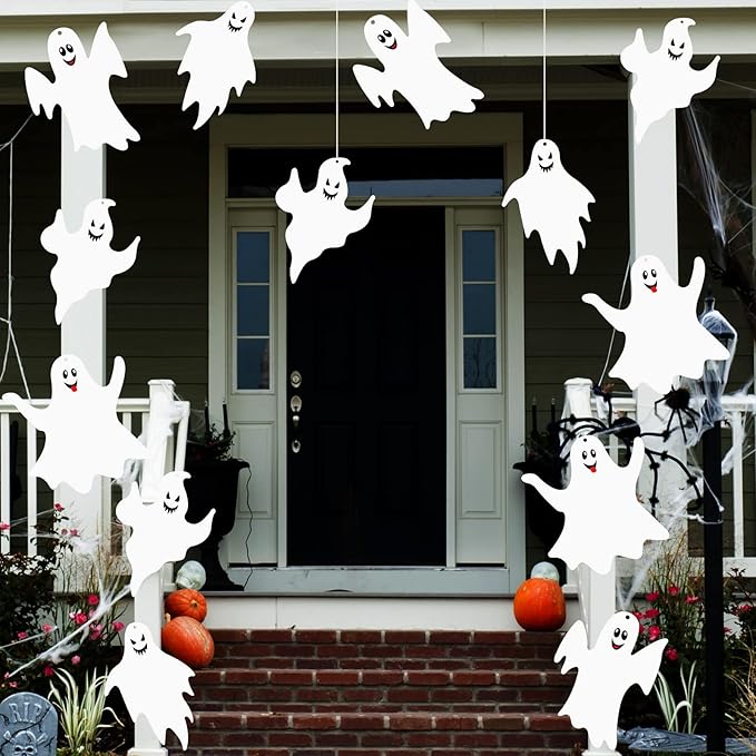 Blulu 12 Pcs Hanging Bats with Lights Halloween Decoration Outside Pumpkin Skeleton Spider Outdoor Lawn Decorations 3 Size Realistic Ghost for The Tree Porch Yard Lawn Indoor(Ghost)