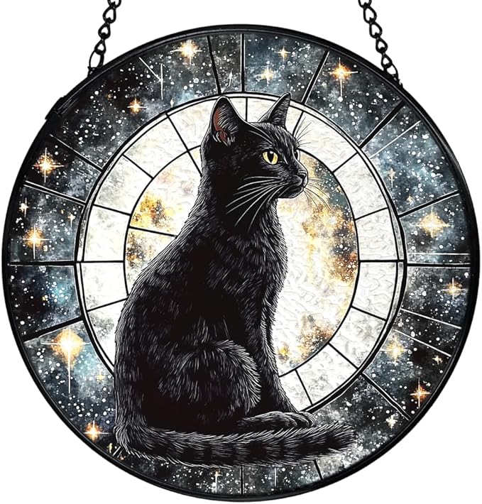 Black Cat Moon Suncatchers Stained Glass Window Hanging, Celestial Black Cat Sun Catchers Indoor Window Glass Round Wall Decor, Moon and Stars Wall Hanging Decorations, 7.9x7.9in