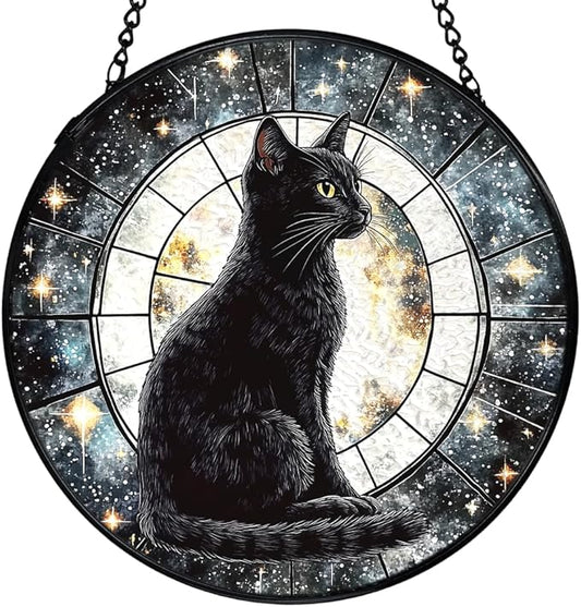 Black Cat Moon Suncatchers Stained Glass Window Hanging, Celestial Black Cat Sun Catchers Indoor Window Glass Round Wall Decor, Moon and Stars Wall Hanging Decorations, 7.9x7.9in