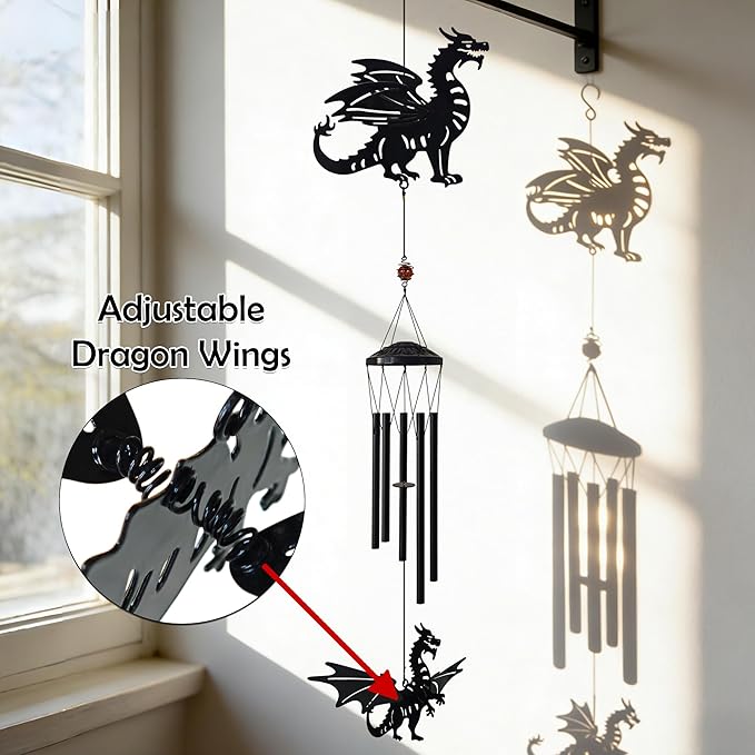 41" Adjustable Dragon Wings Wind Chimes for Outside Large Metal Wind Chime with Deep Tone,Black Matte Finish,Fantasy Outdoor,Indoor Decorative Windchimes,Unique Gift for Dragon Year & Fantasy Lovers