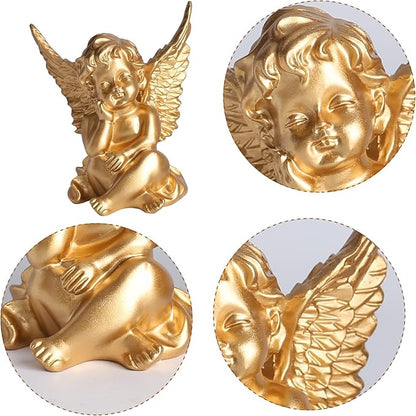 orenm 2 Pack Resin Cherubs Gold Angel Statue Figurine, Garden Sleeping Cherub Statue Sculpture Indoor Outdoor Home Decoration, Cute Adorable Angle Sculpture Memorial Statue(4" Height) (Gold)