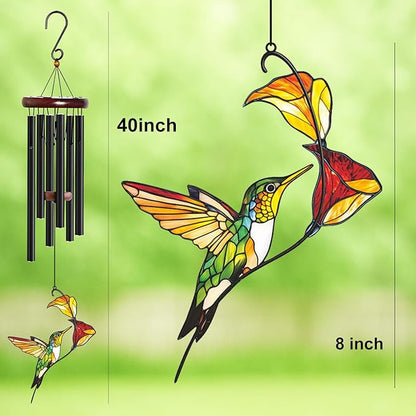 Personalized Metal Wind Chime Garden Sign, 40 Inch Outdoor Colorful Bird & Flower Memorial Decor, Yard Hanging Plaque for Patio Porch Lawn (JSTY369)