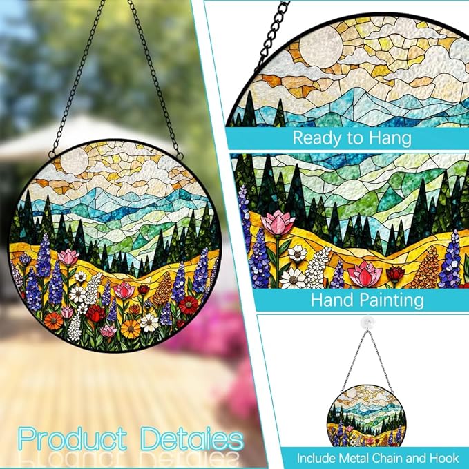 Mountain Wildflower Suncatcher Stained Glass Window Hanging - 8 Inch Plant Flower Suncatchers for Windows Hanging - Sun Catchers Indoor Outdoor Garden Decorations Glass Panel Gift for Women Mom Lovers
