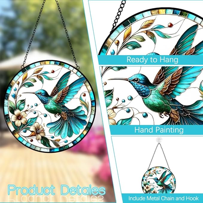 Hummingbird Suncatcher Stained Glass Window Hanging - 8″ Birds Flower Suncatchers for Windows Hanging - Handmade Sun Catchers Wall Decor Glass Panel - Valentines Day Gifts for Mom Grandma Bird Lovers
