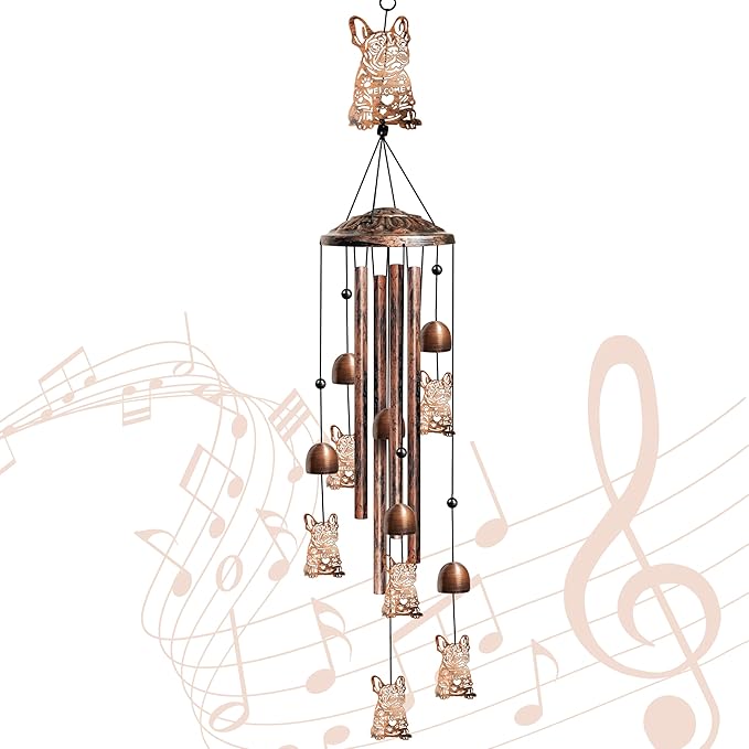 French Bulldog Wind Chimes for Outside, Decorative Wind Chimes French Bulldog Gifts for Women, Memorial Windchimes Outdoors with S Hook for Patio Garden Decor, Birthday Gifts for Mom Grandma （Copper）