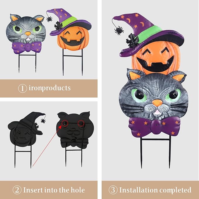 Halloween Decorations Outdoor with Cute Black Cat Pumpkin, Metal Halloween Yard Stakes, Stacked Jack-o-Lantern Garden Stakes Decor for Pathway Patio Party, 25"
