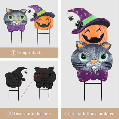 Halloween Decorations Outdoor with Cute Black Cat Pumpkin, Metal Halloween Yard Stakes, Stacked Jack-o-Lantern Garden Stakes Decor for Pathway Patio Party, 25"