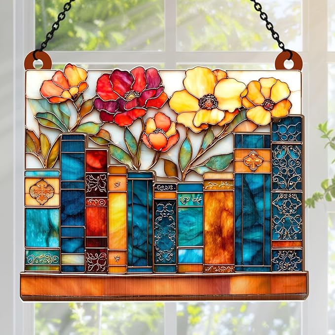 Jesuspirit - Window Hanging Suncatcher – Crystal Clear Acrylic & Wood Sun Catcher for Home Decor, for Women (The Floral Library, 8 Inches)