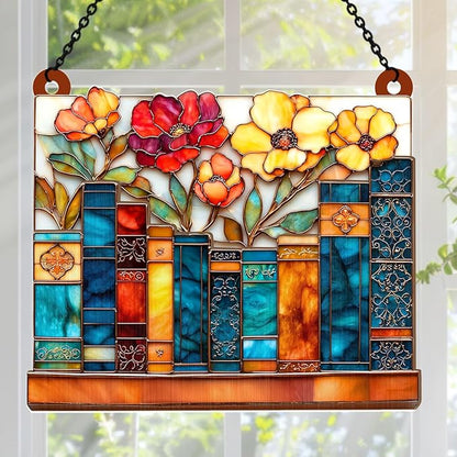 Jesuspirit - Window Hanging Suncatcher – Crystal Clear Acrylic & Wood Sun Catcher for Home Decor, for Women (The Floral Library, 8 Inches)