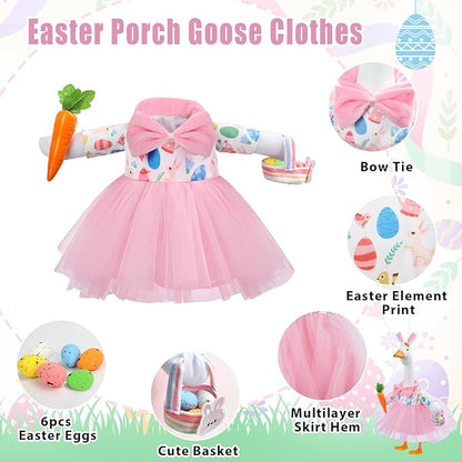 GJL Easter Porch Goose Outfits Fits 23" Cement Plastic Goose Statue Porch Goose Clothes with Hat, Basket, Carrot & 6 Easter Eggs for Easter Indoor or Outdoor Garden Decor