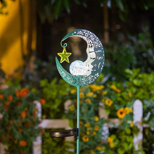 Hapjoy Outdoor Solar Lights Garden Decor for Patio,Lawn or Pathway Moon Decorations Crackle Glass Globe Stake Metal Lights Waterproof Warm LED Garden Gifts (Blue)