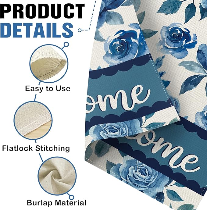 Dyrenson Blue Floral Welcome Decorative Garden Flag, Watercolor Rose Peony Flowers Yard Outside Home Decoration, Spring Summer Burlap Outdoor Small Decor Double Sided 12 x 18