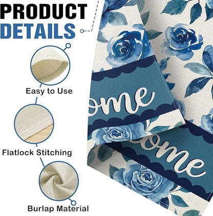 Dyrenson Blue Floral Welcome Decorative Garden Flag, Watercolor Rose Peony Flowers Yard Outside Home Decoration, Spring Summer Burlap Outdoor Small Decor Double Sided 12 x 18