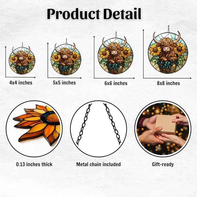 Highland Cow and Sunflower Mosaic Acrylic Suncatcher Stained Glass Effect Window Car Hanging Christmas Ornament Indoor Outdoor Decor Garden Sun Catcher Panel for Cow Lover for Women Mom Grandma