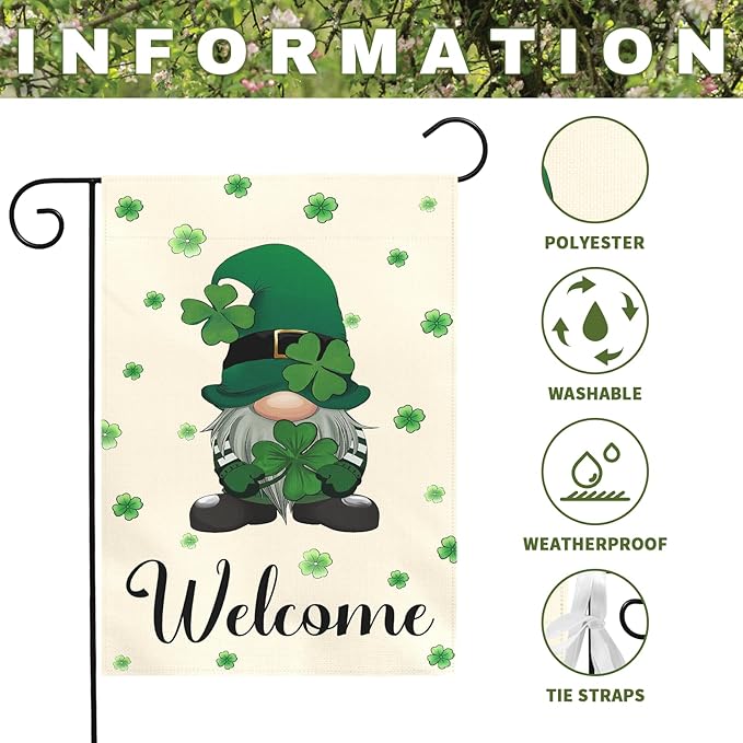 St Patrick’s Day Garden Flag 12x18 Inch Welcome Gnome with Shamrocks Double Sided Outdoor Yard Flags Irish Clover Decorations for Spring Porch Patio Lawn Farmhouse Seasonal Holiday Décor