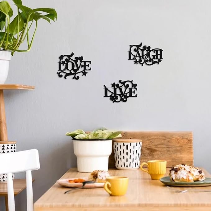 Manortang Metal Wall Decor LOVE LIVE LAUGH Kitchen Wall Art Decor, Matte Black Silhouette Wall Hanging Decoration Sign Wall Valentine for Living Room Bedroom Kitchen Indoor Decoration, Set of 3