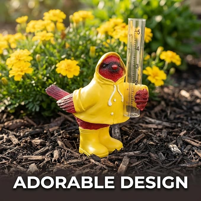 The Bridge Collection Cardinal in Raincoat Rain Gauge Statue - Cute Red Bird Spring Garden Decor