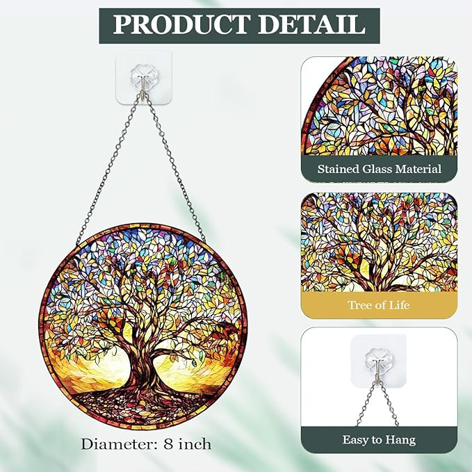 Stained Glass Window Hanging - Colorful Tree of Life Suncatcher with Metal Chain, Glass Panel Ornament for Home Window Wall Indoor Outdoor Decor Gift