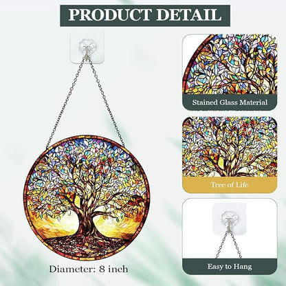 Stained Glass Window Hanging - Colorful Tree of Life Suncatcher with Metal Chain, Glass Panel Ornament for Home Window Wall Indoor Outdoor Decor Gift