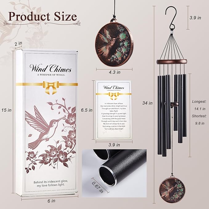 Sympathy Wind Chimes for Outside 34" Vintage Hummingbird Memorial Wind Chimes Outdoor for Garden Patio Porch Decoration Birthday Memorial Sympathy Gift for Loved One Mom Dad Grandpa Grandma Friends