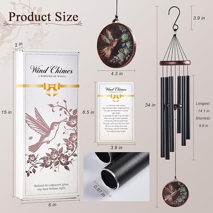Sympathy Wind Chimes for Outside 34" Vintage Hummingbird Memorial Wind Chimes Outdoor for Garden Patio Porch Decoration Birthday Memorial Sympathy Gift for Loved One Mom Dad Grandpa Grandma Friends