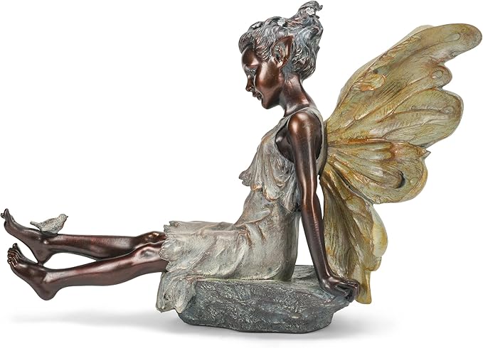 Napco Fairy with Bird Bronze Tone 12.5 x 18 Inch Resin Stone Outdoor Garden Statue